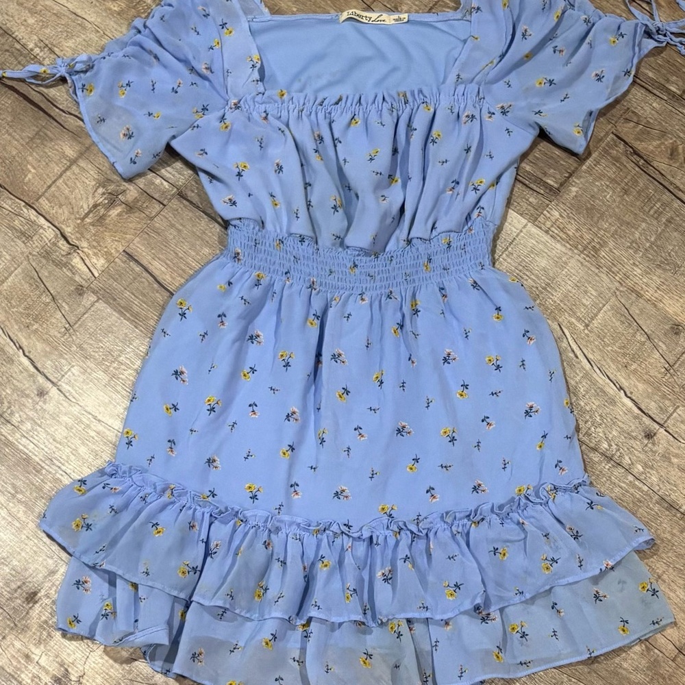 Liberty Love Light Blue Floral Smocked Waist Ruffle Dress